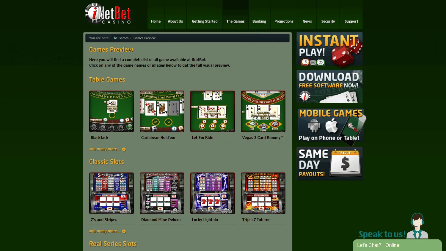 Inetbet Casino desktop games area