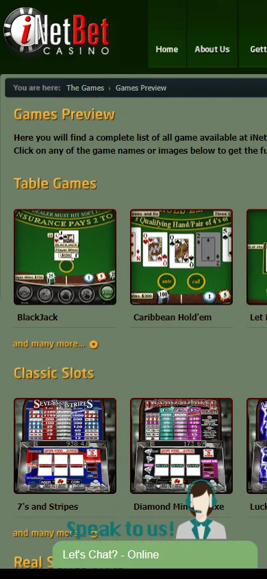 Inetbet Casino mobile games area